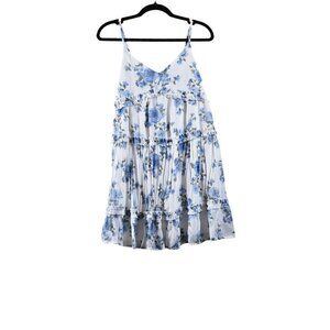 Mi Ami Large Dress Sleeveless Mini Spaghetti Strap Tiered Blue White Floral